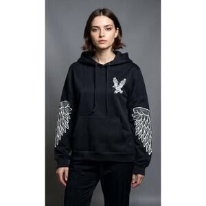 Reason Women’s Fly Higher Pullover Hoodie Eagle Angel Wings Print Sz L Black